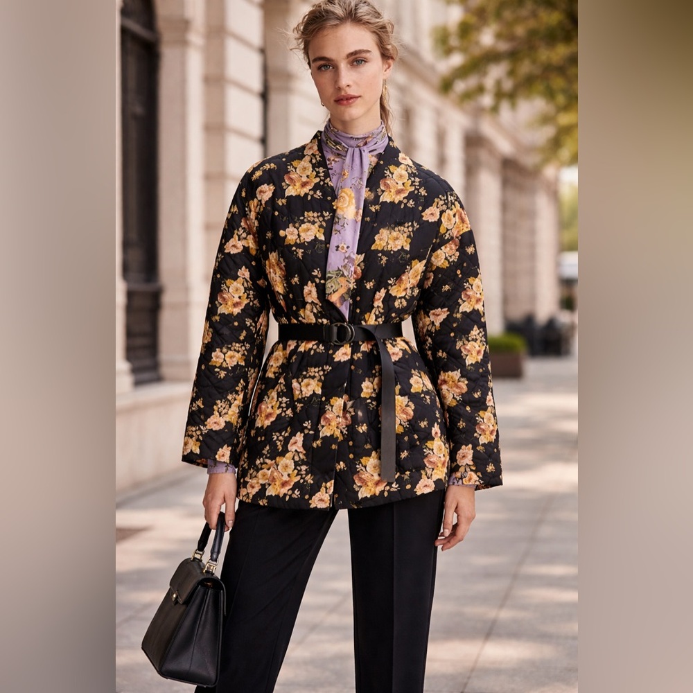 ZARA | Black Quilted Peach & Cream Floral filled Jacket - Picture 3 of 16